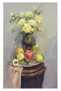 美术范画素描静物作品-凳上铁盘装苹果梨水