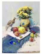 美术高考色彩静物范画赏析-深蓝桌布上插菊