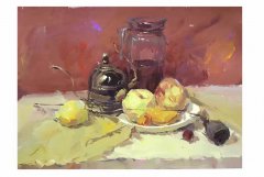 色彩静物绘画作品赏析-桌上盘装水果有壶有