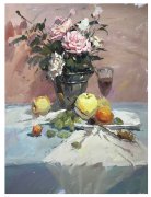 色彩绘画静物作品赏析-桌上盘子称葡萄苹果