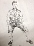 人物速写优秀范画年轻男子正面坐姿叉开腿直视前方短袖装